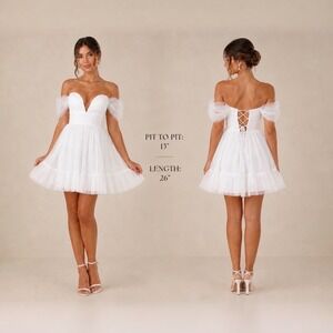 NWT Selfie Leslie White Tulle Off Shoulder Mini Dress S Lace Up Ruffle Bridal